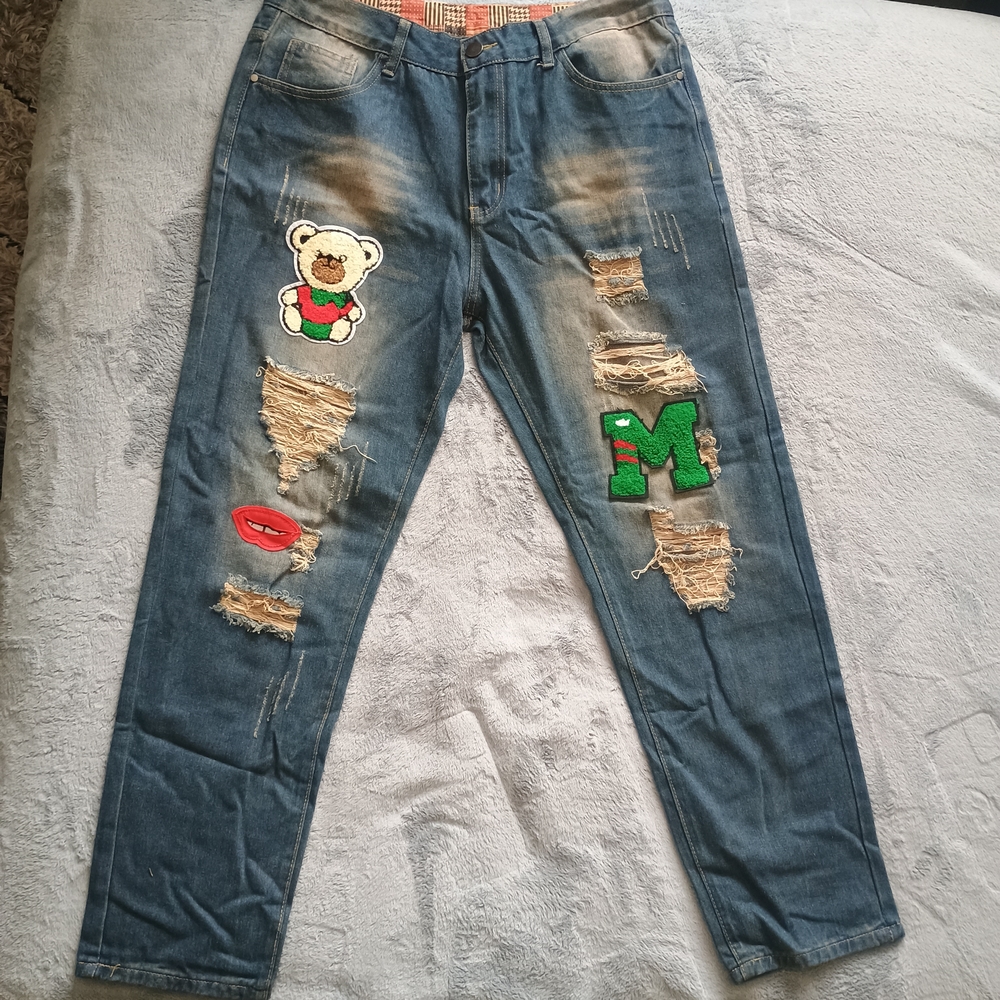 Brand New W/O Tags Classic Distressed Blue Jeans with Bear and Letter Patches